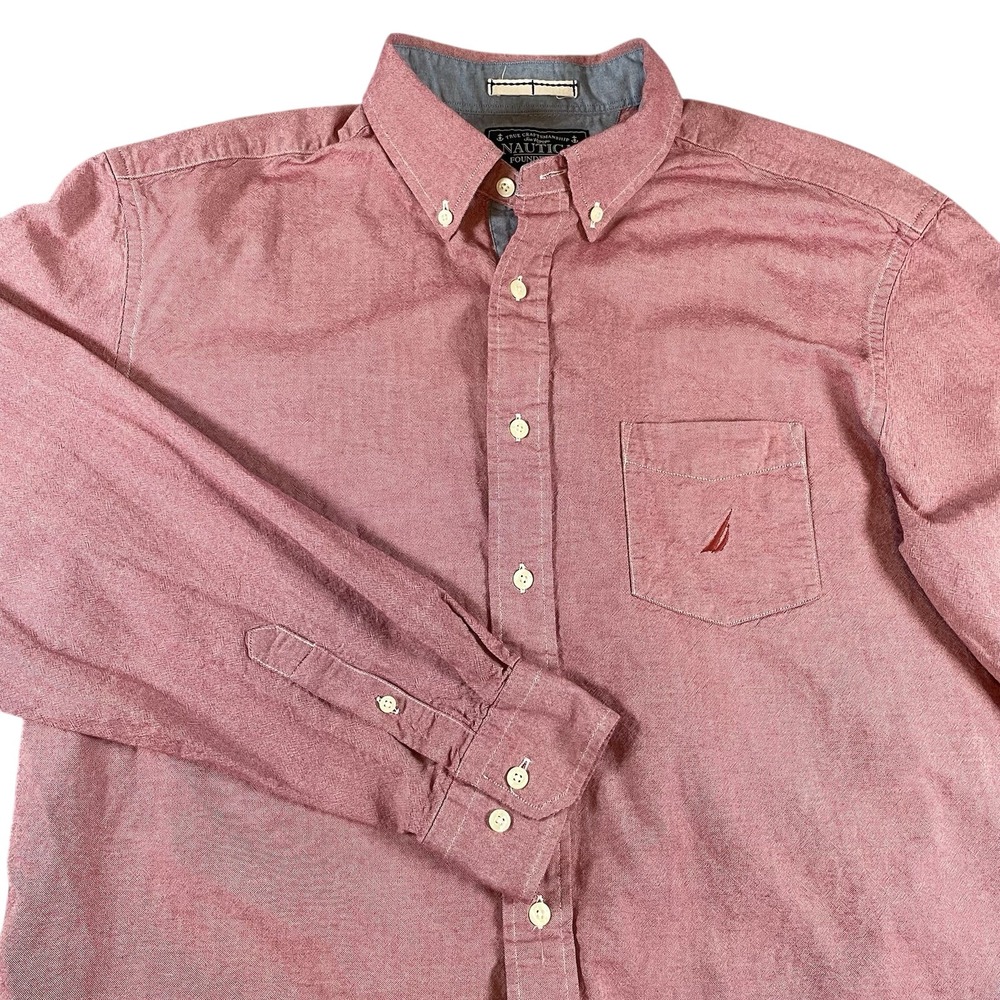 Nautica Mens Button Down Shirt Large Red Sea Voyage Long Sleeve Cotton Casual